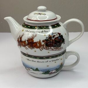 Portmeirion Porcelain Holiday Teapot & Cup Set Tea for One New in Box 7”X6”X7”